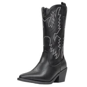 IUV Women’s Size 10 Black Leather Cowboy Cowgirl Boots Embroidered Pointy Toe